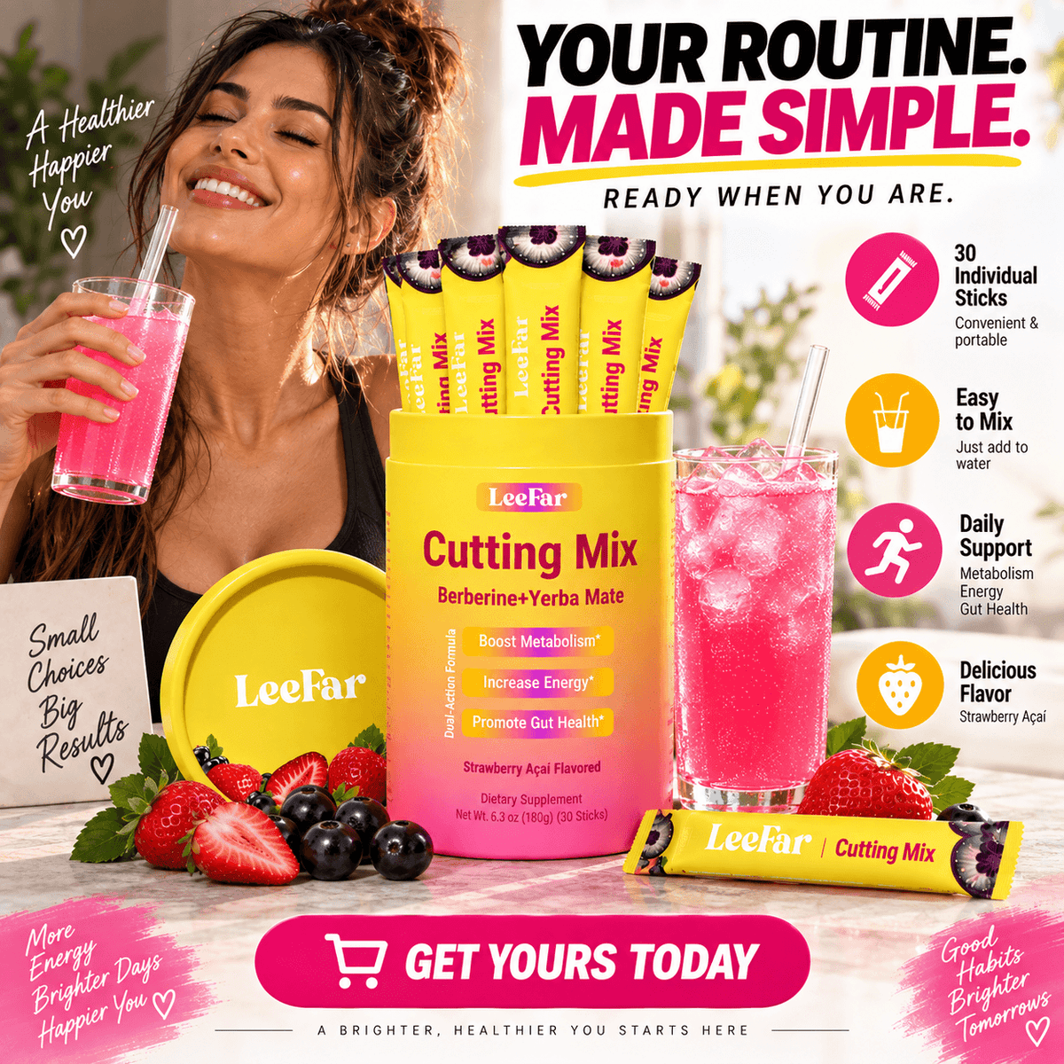 Mezcla LeeFar de CARAMELA BEAUTY USA para aumentar metabolismo y energía, con ingredientes naturales en frasco.