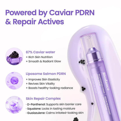 Suero rejuvenecedor de caviar PDRN de CARAMELA BEAUTY USA, frasco con gotero, para mejorar la piel y potenciar su brillo natural.