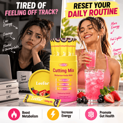 Mezcla LeeFar de CARAMELA BEAUTY USA para aumentar metabolismo y energía, con ingredientes naturales en envase visible.