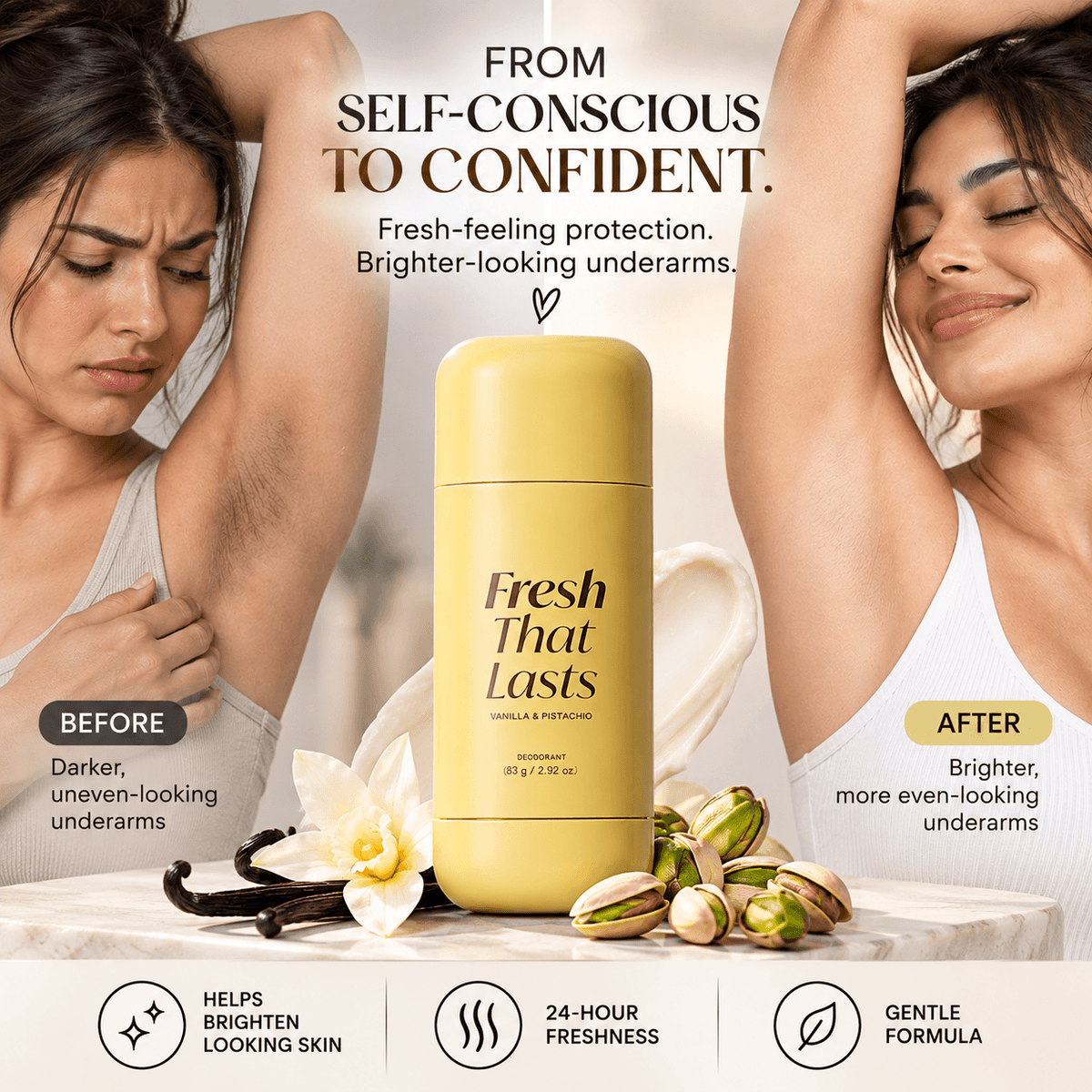Perfume Fresh That Lasts™ de CARAMELA BEAUTY USA con fragancia de vainilla y pistacho, mostrando el frasco y la etiqueta.