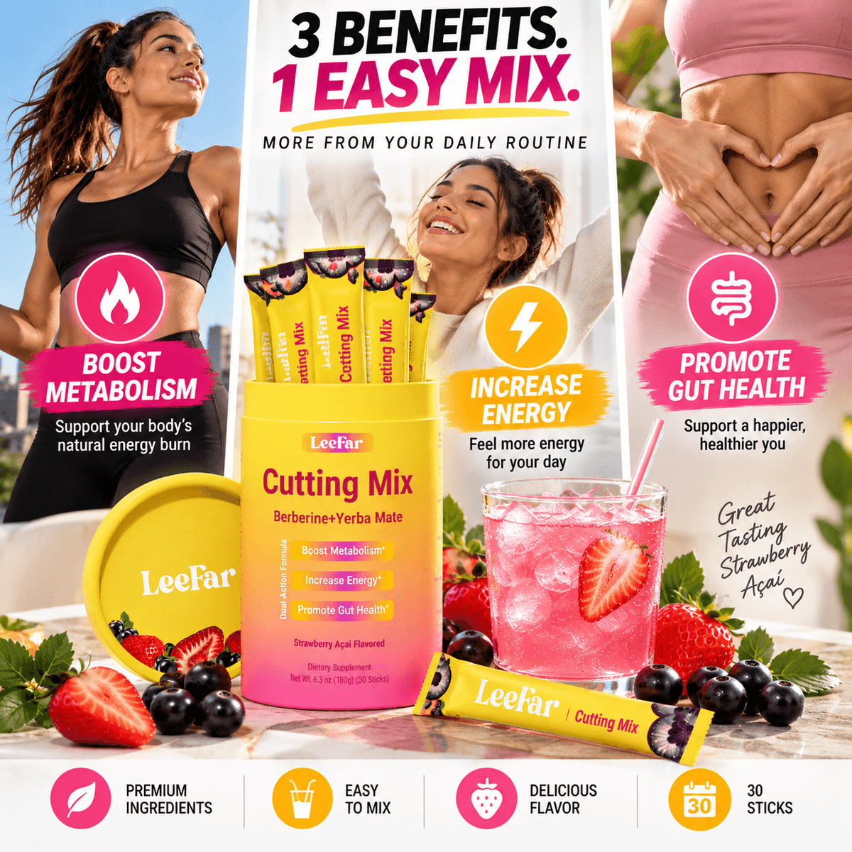 Mezcla LeeFar de CARAMELA BEAUTY USA para potenciar metabolismo y energía, con ingredientes naturales en envase.