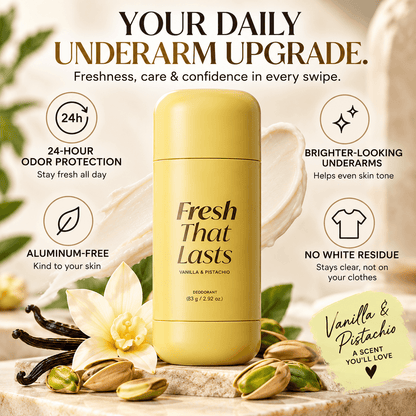 Fragancia Fresh That Lasts™ Vanilla y Pistacho de CARAMELA BEAUTY USA, botella con aroma dulce y fresco.