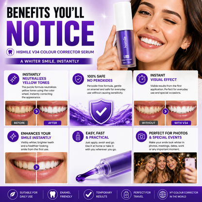 Suero corrector de color Hismile V34 de CARAMELA BEAUTY USA para una sonrisa más brillante y radiante, en un frasco con gotero.