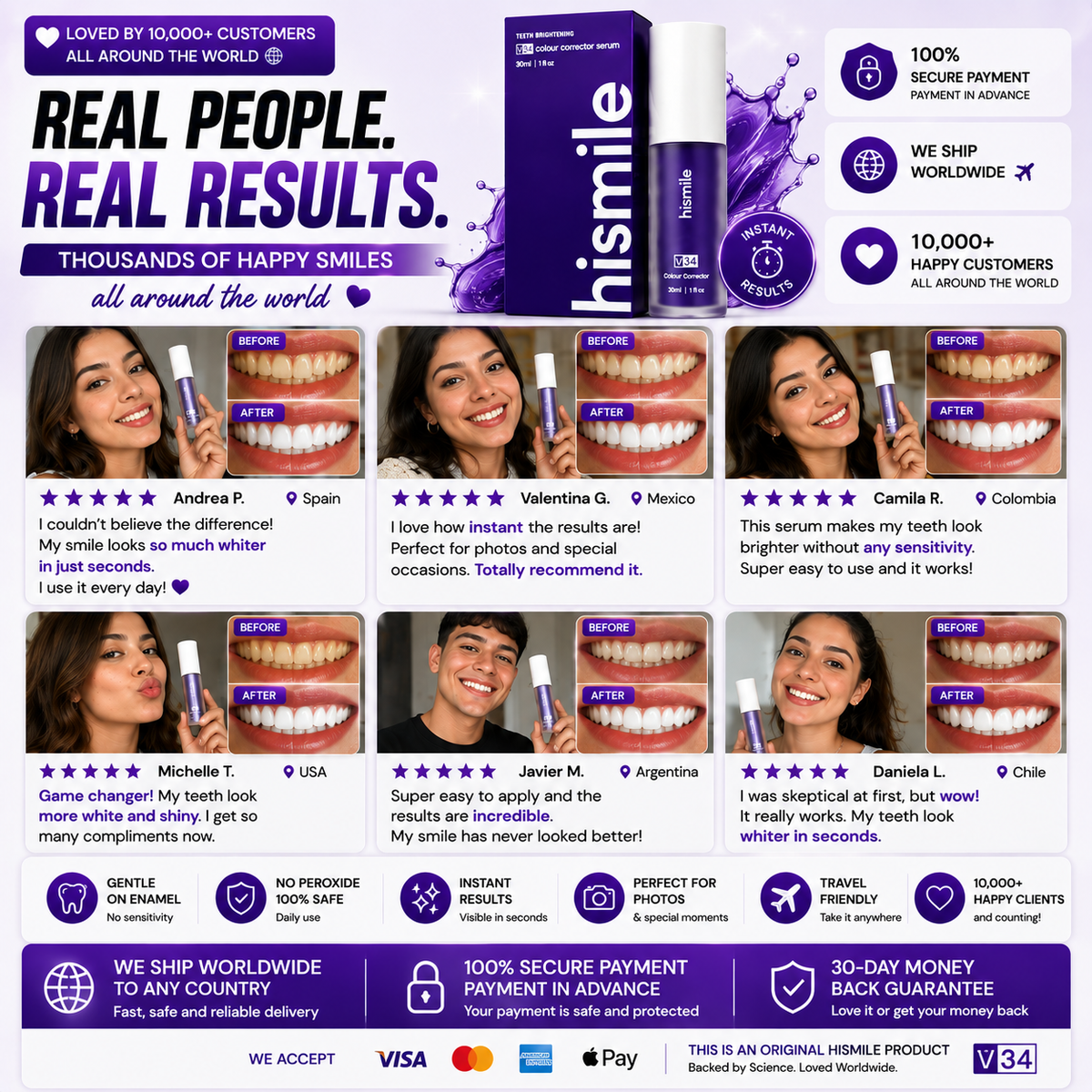 Suero corrector de color Hismile V34 de CARAMELA BEAUTY USA con envase y aplicador para un sorriso más brillante.