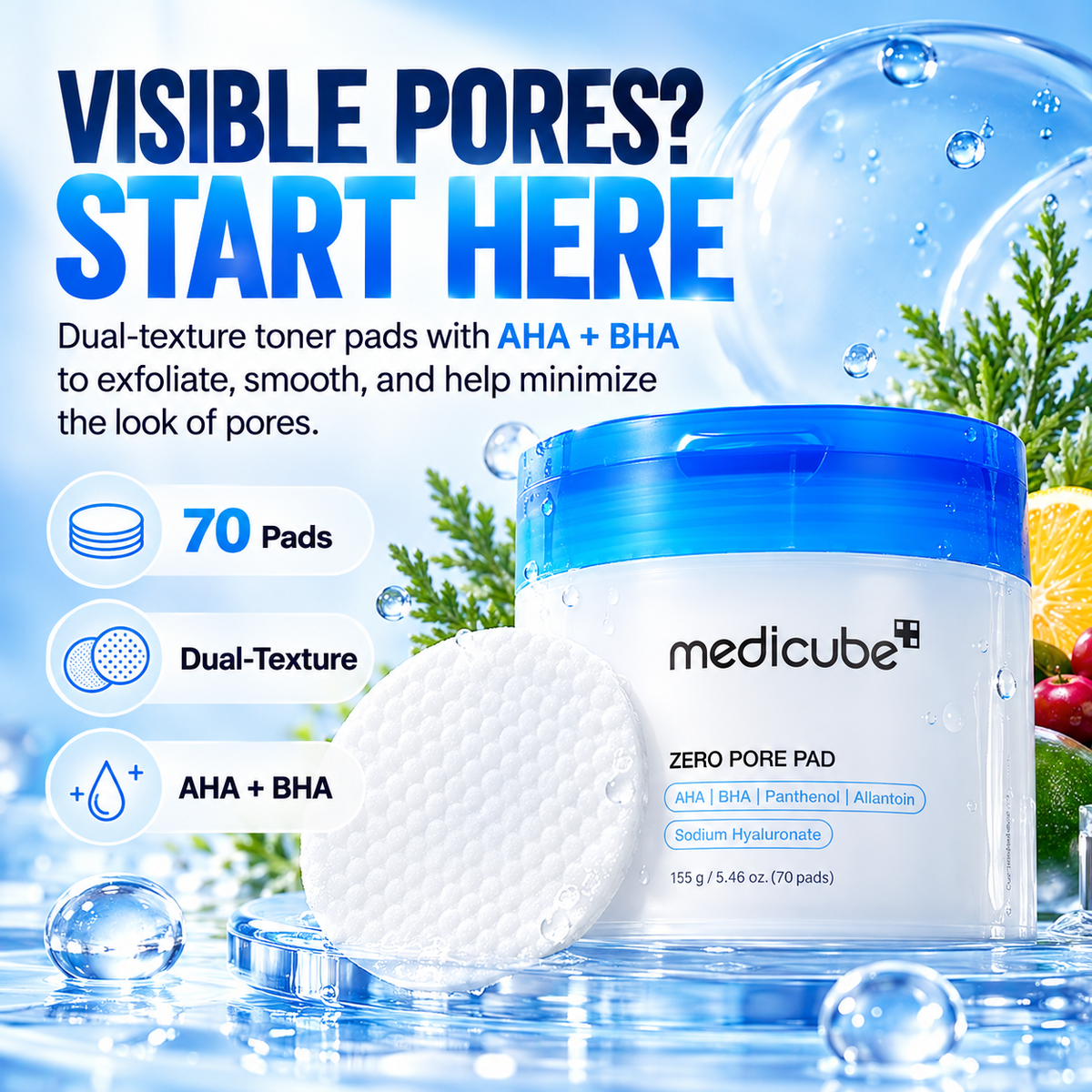 Medicube Zero Pore Pad 70 – AHA BHA Exfoliating Toner Pads for Pores & Oily Skin