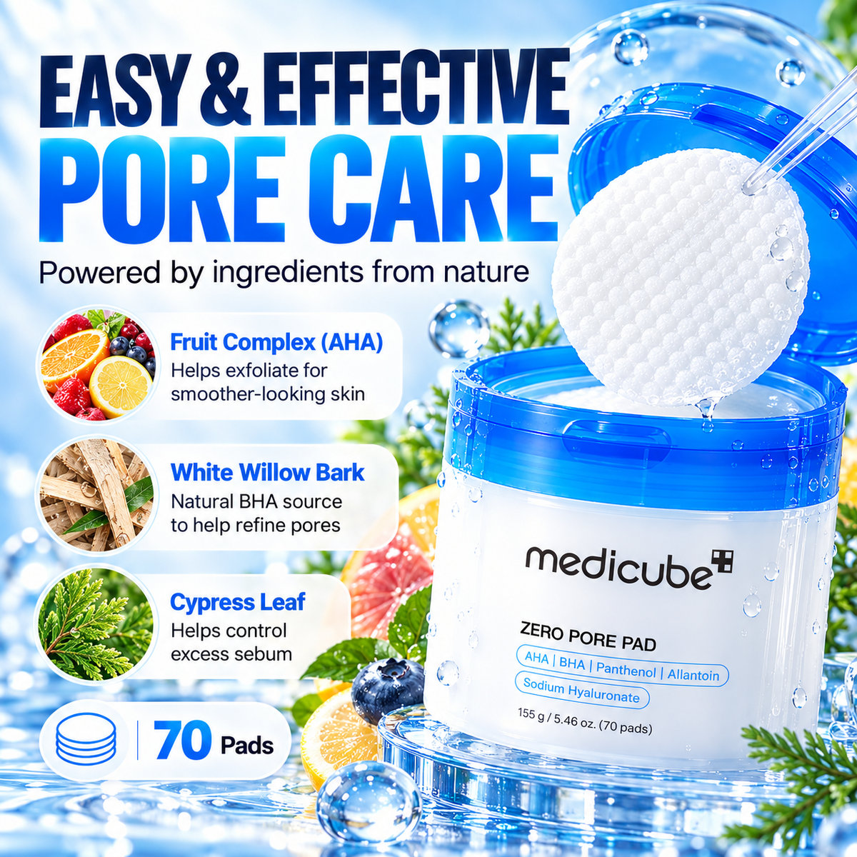 Medicube Zero Pore Pad 70 – AHA BHA Exfoliating Toner Pads for Pores & Oily Skin
