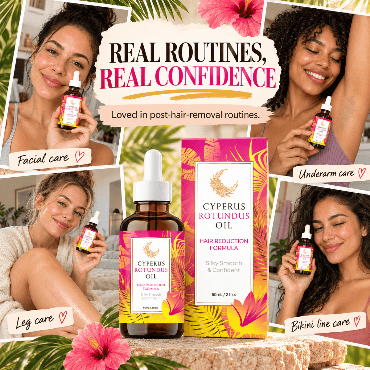 Cyperus Rotundus Oil shown with facial, leg, underarm and bikini area care graphics