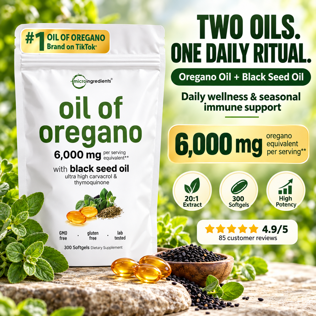 Micro Ingredients Oil of Oregano + Black Seed Oil 20:1 – Immune Support | 300 Softgels