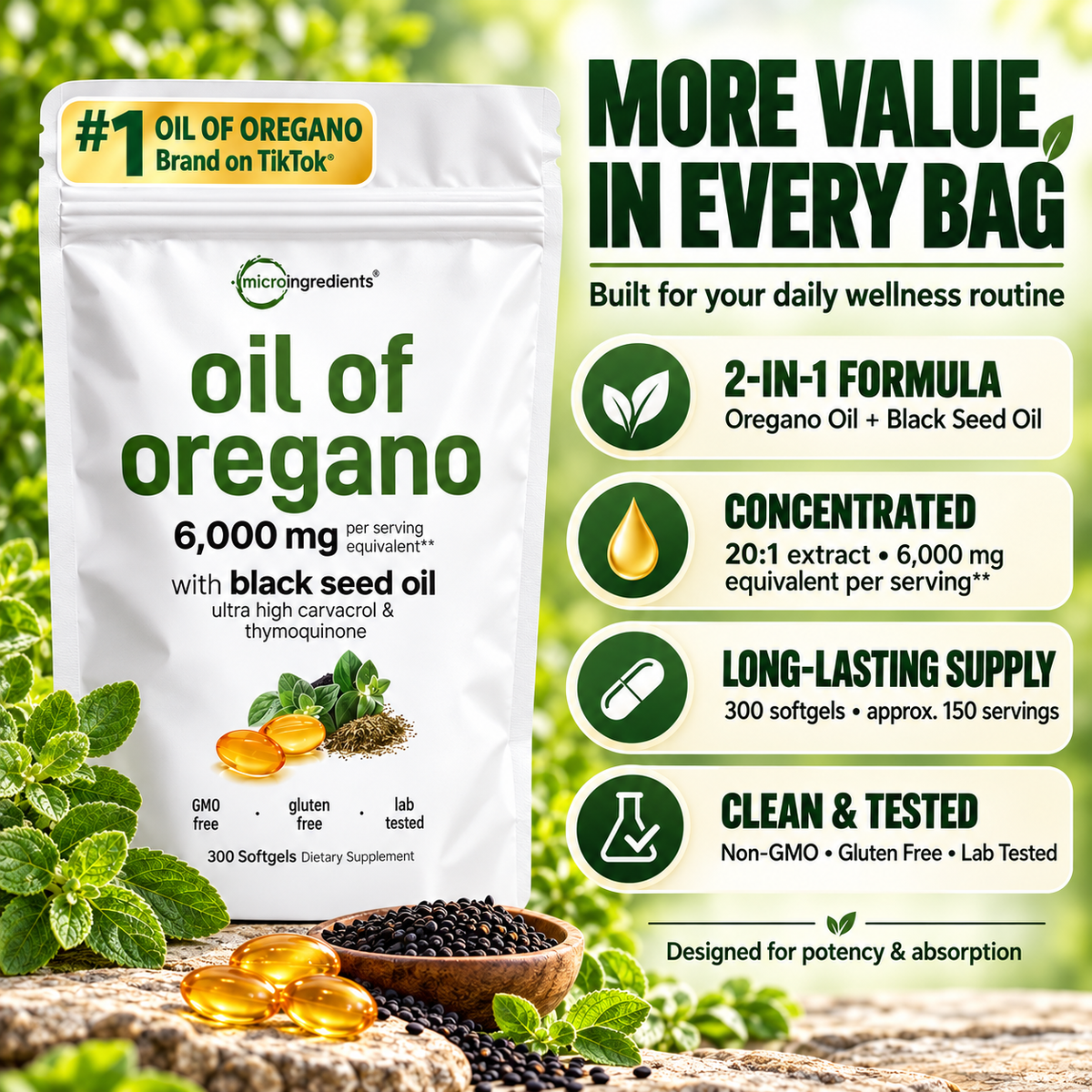 Micro Ingredients Oil of Oregano + Black Seed Oil 20:1 – Immune Support | 300 Softgels