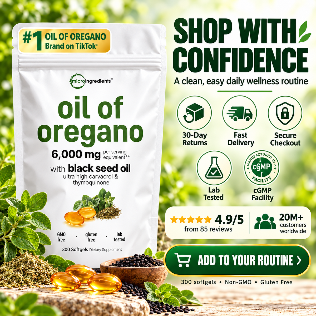 Micro Ingredients Oil of Oregano + Black Seed Oil 20:1 – Immune Support | 300 Softgels