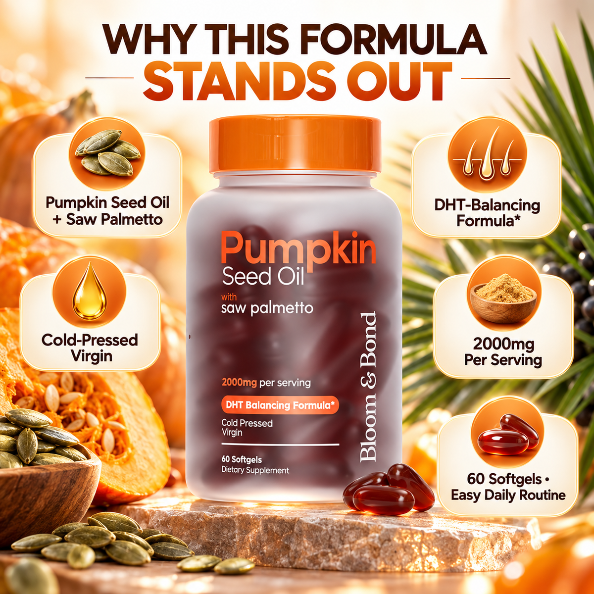 Bloom & Bond Aceite de Calabaza 2000 mg + Saw Palmetto 200 mg | 60 Cápsulas