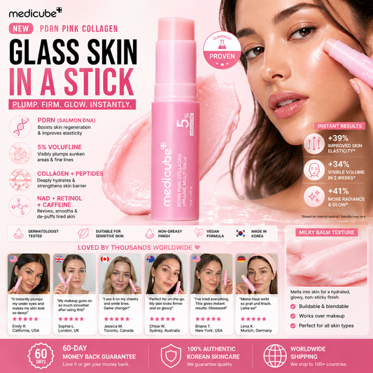 Bastón coreano Medicube PDRN Pink Collagen de CARAMELA BEAUTY USA para brillo instantáneo y firmeza en la piel.