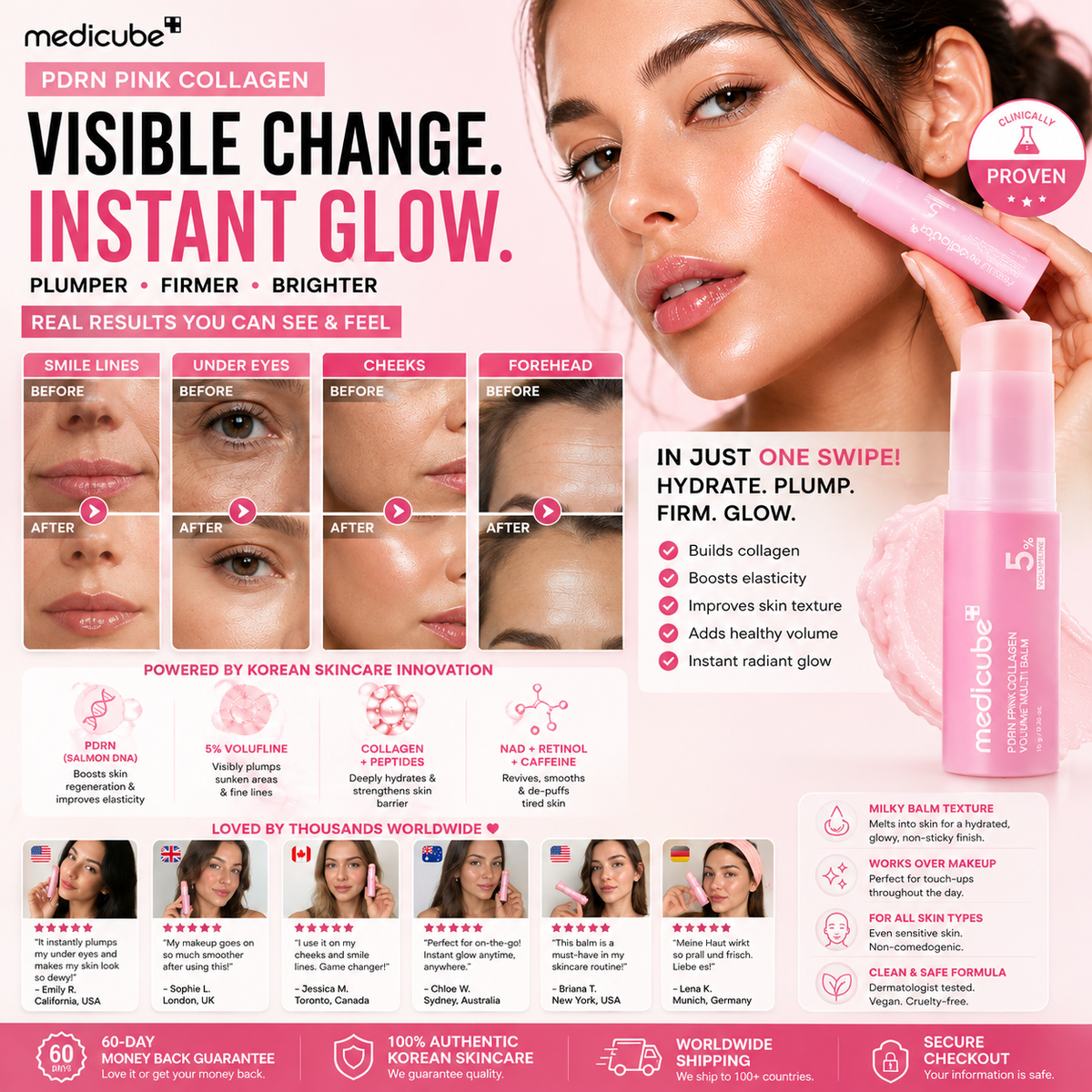 Barra de colágeno rosa Medicube PDRN K-Beauty con brillo instantáneo y firmeza, en empaque compacto y elegante.