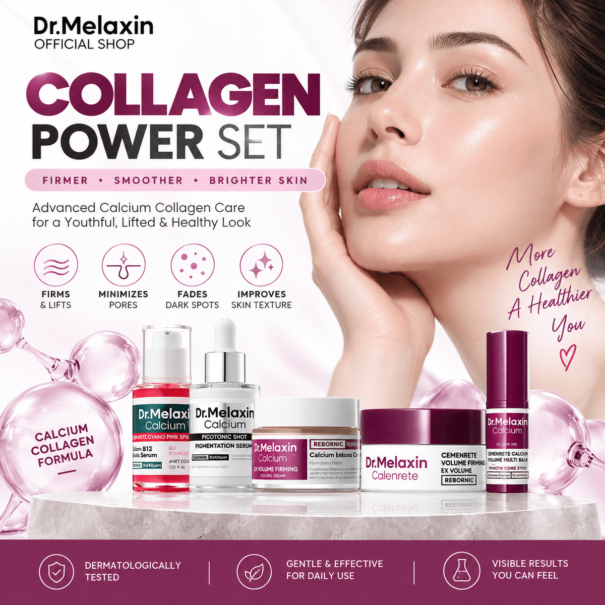 Conjunto de cuidado facial Dr.Melaxin Calcium Collagen Power de CARAMELA BEAUTY USA con cinco pasos para firmeza, suavidad y brillo.
