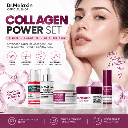 Conjunto de cuidado facial Dr.Melaxin Calcium Collagen Power de CARAMELA BEAUTY USA con cinco pasos para firmeza, suavidad y brillo.
