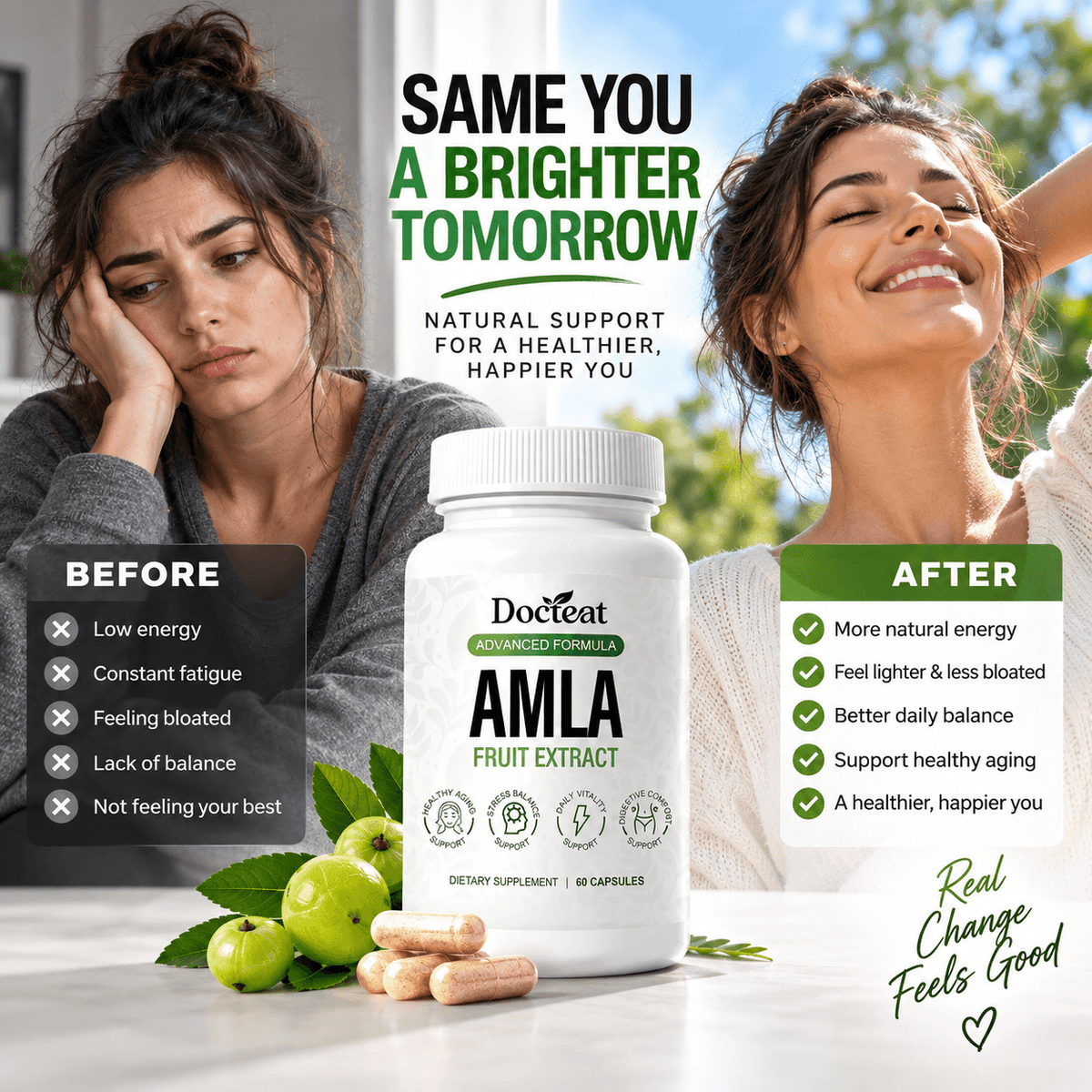 Extracto de fruta de amla de CARAMELA BEAUTY USA para apoyo diario del corazón y la vitalidad, con fruta de amla visible en la imagen.