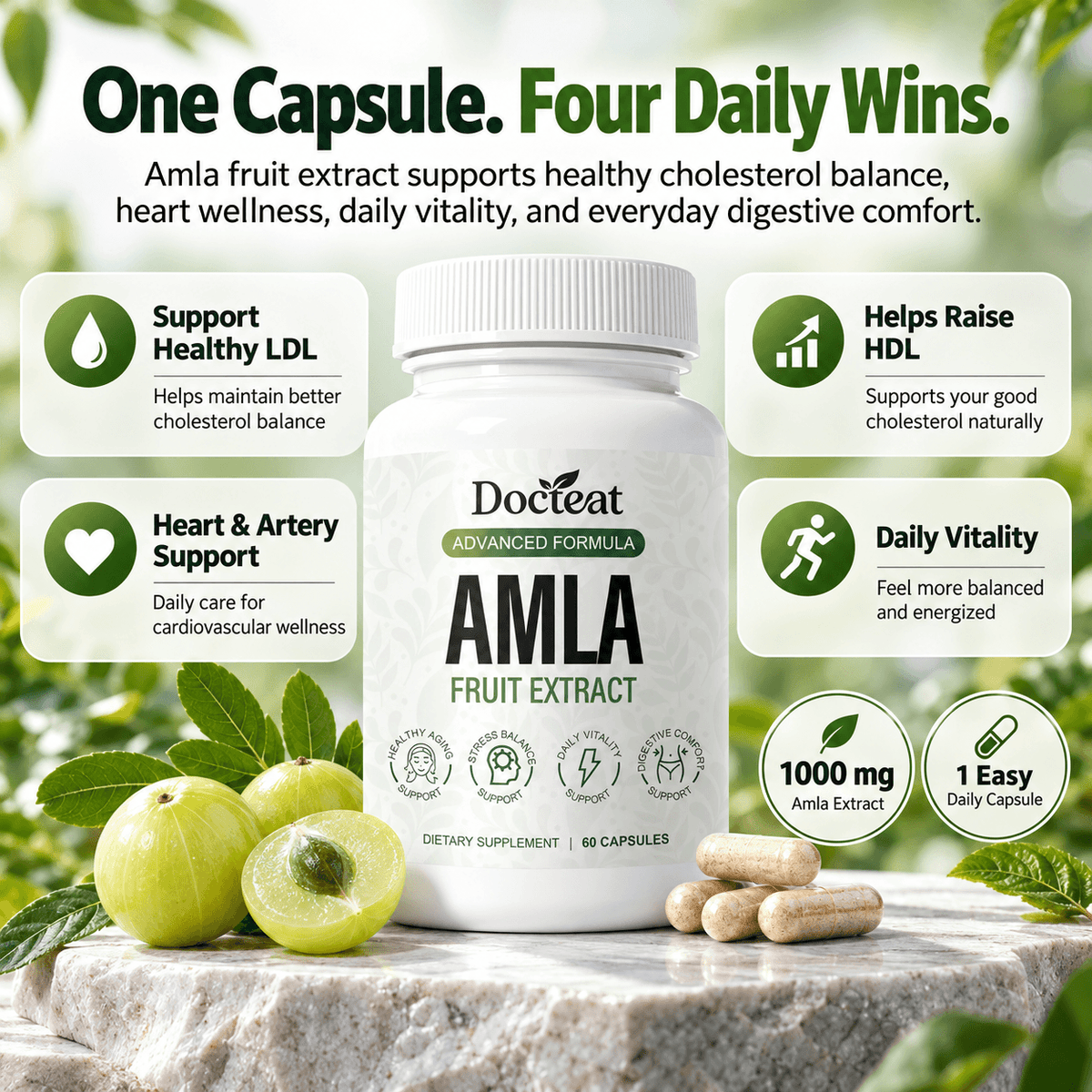 Extracto de fruta de amla de CARAMELA BEAUTY USA, suplemento para el corazón y la vitalidad, mostrando frutas secas y polvo en un recipiente.