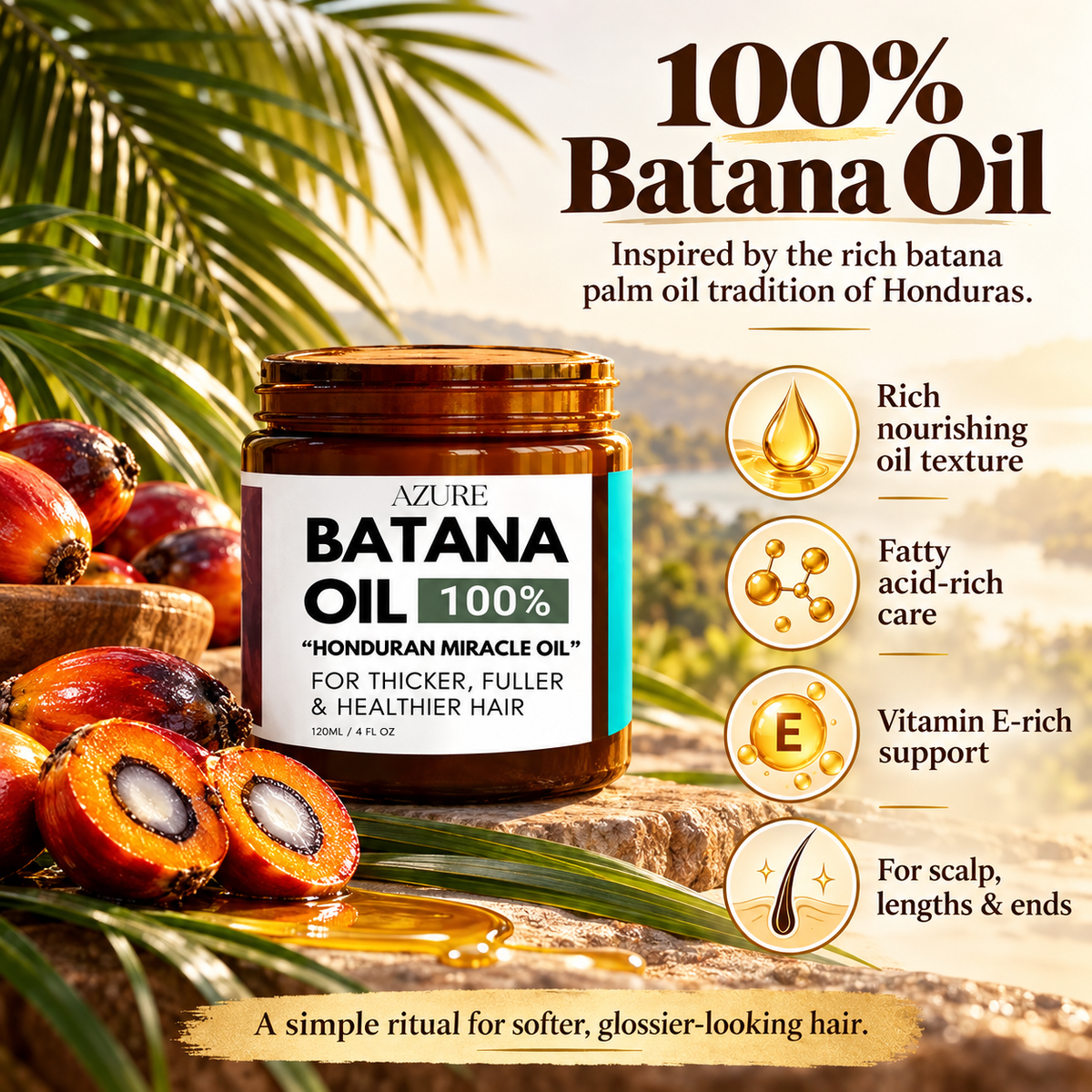 AZURE Aceite de Batana 100% 120 ml – Prelavado para Frizz, Suavidad y Brillo