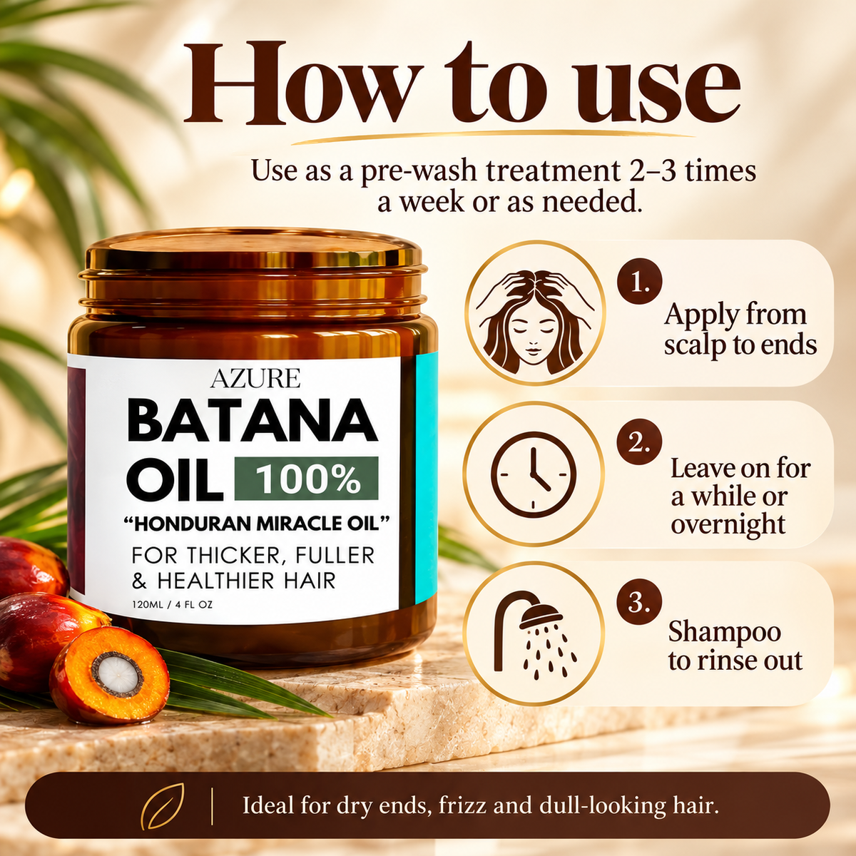 AZURE Aceite de Batana 100% 120 ml – Prelavado para Frizz, Suavidad y Brillo