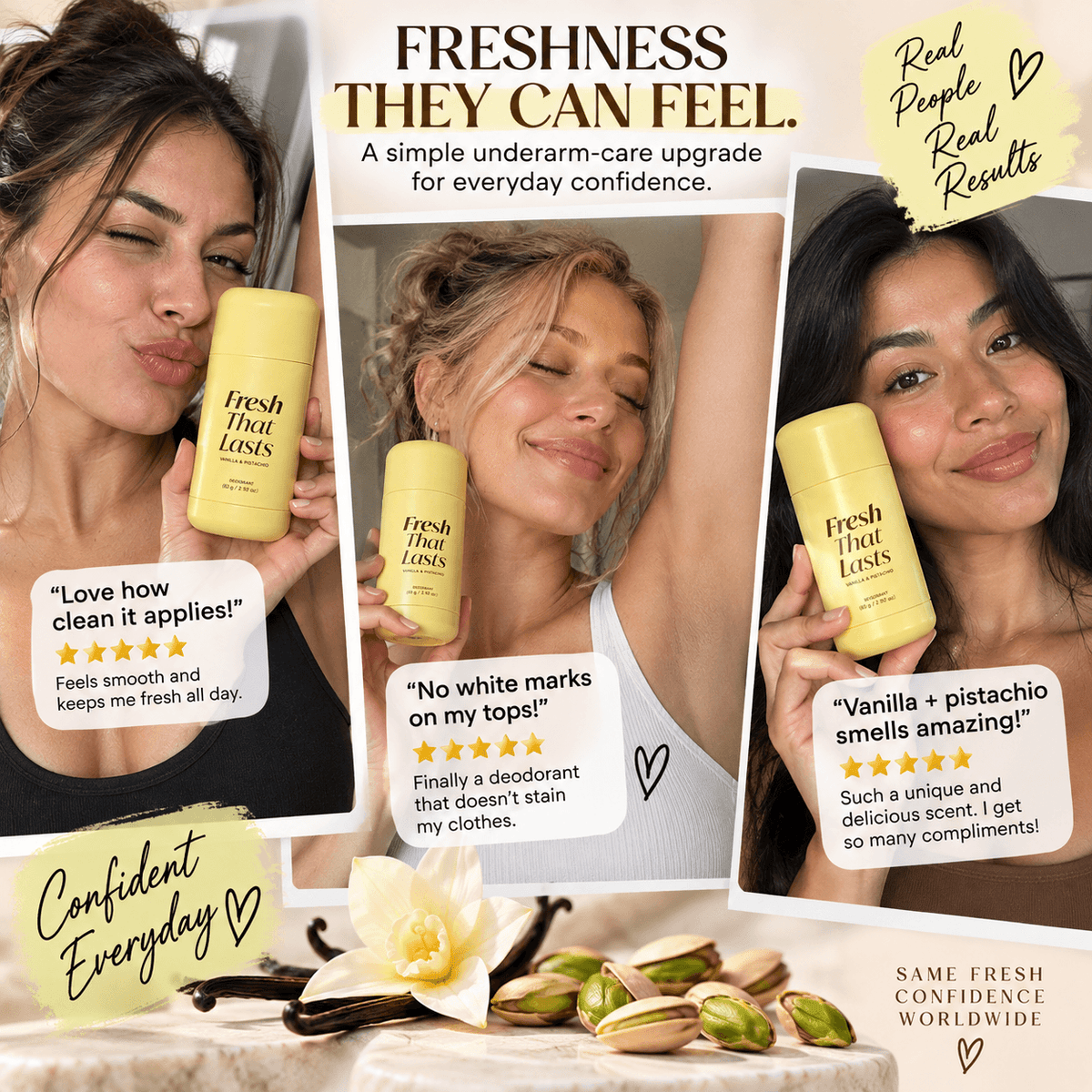Día y noche, crema hidratante Fresh That Lasts™ Vanilla y Pistacho de CARAMELA BEAUTY USA en envase blanco y detalles dorados.