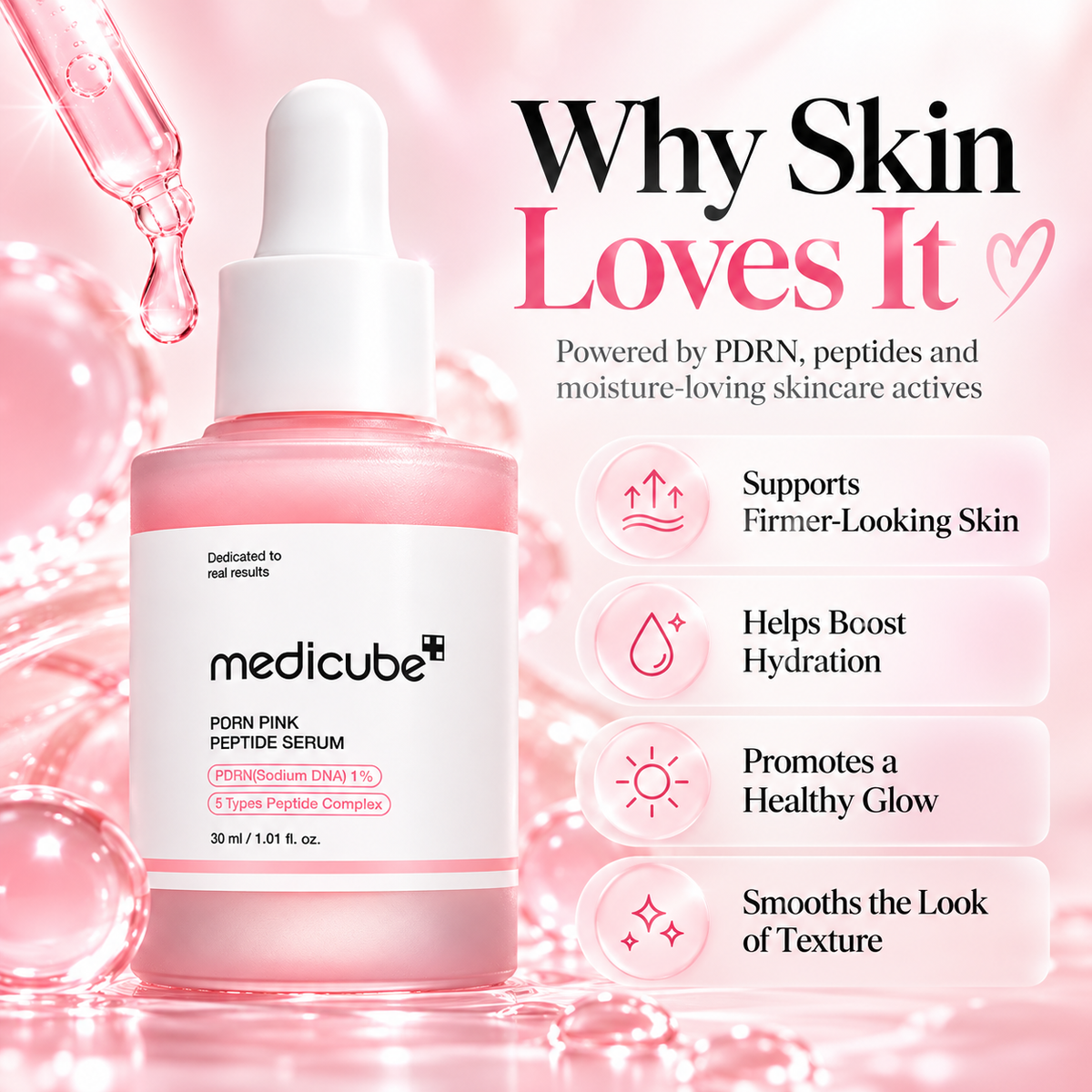 Medicube PDRN Pink Peptide Serum hydration radiance and firm-looking skin benefits