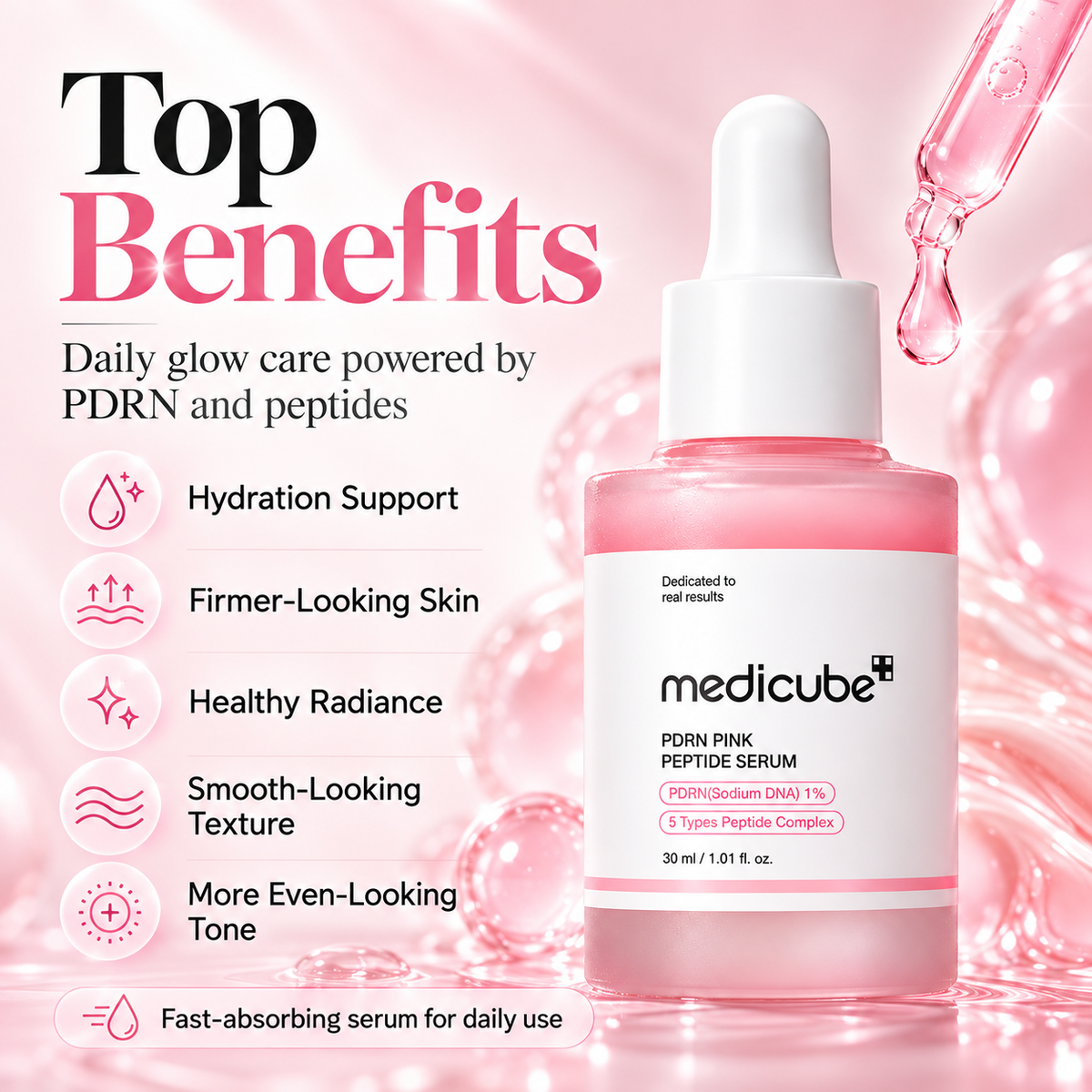 Medicube PDRN Pink Peptide Serum 30ml – Salmon DNA + 5 Peptides for Hydration & Glow
