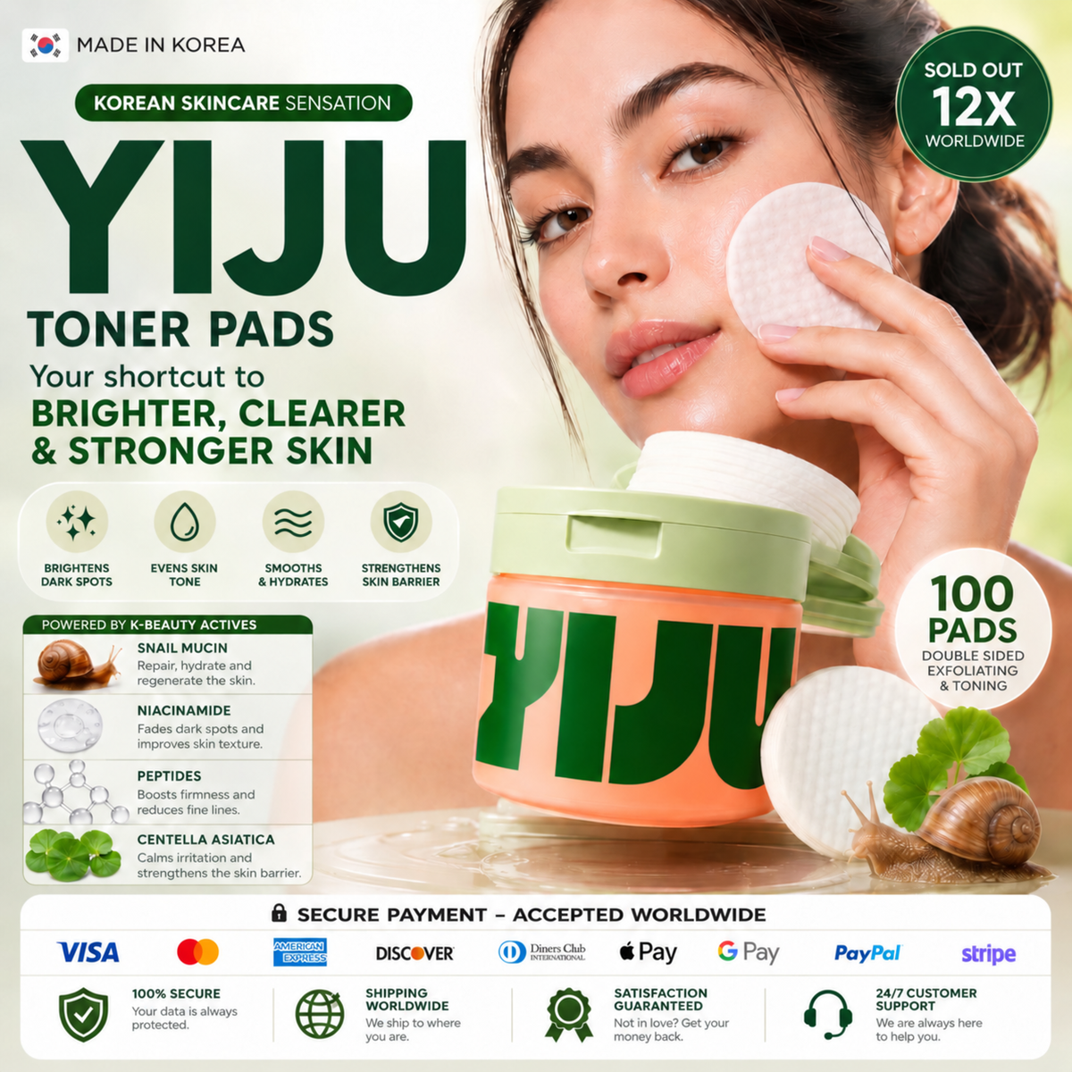 Discos de tónico iluminador coreano CARAMELA BEAUTY USA para manchas oscuras y luminosidad, con textura visible en la imagen.