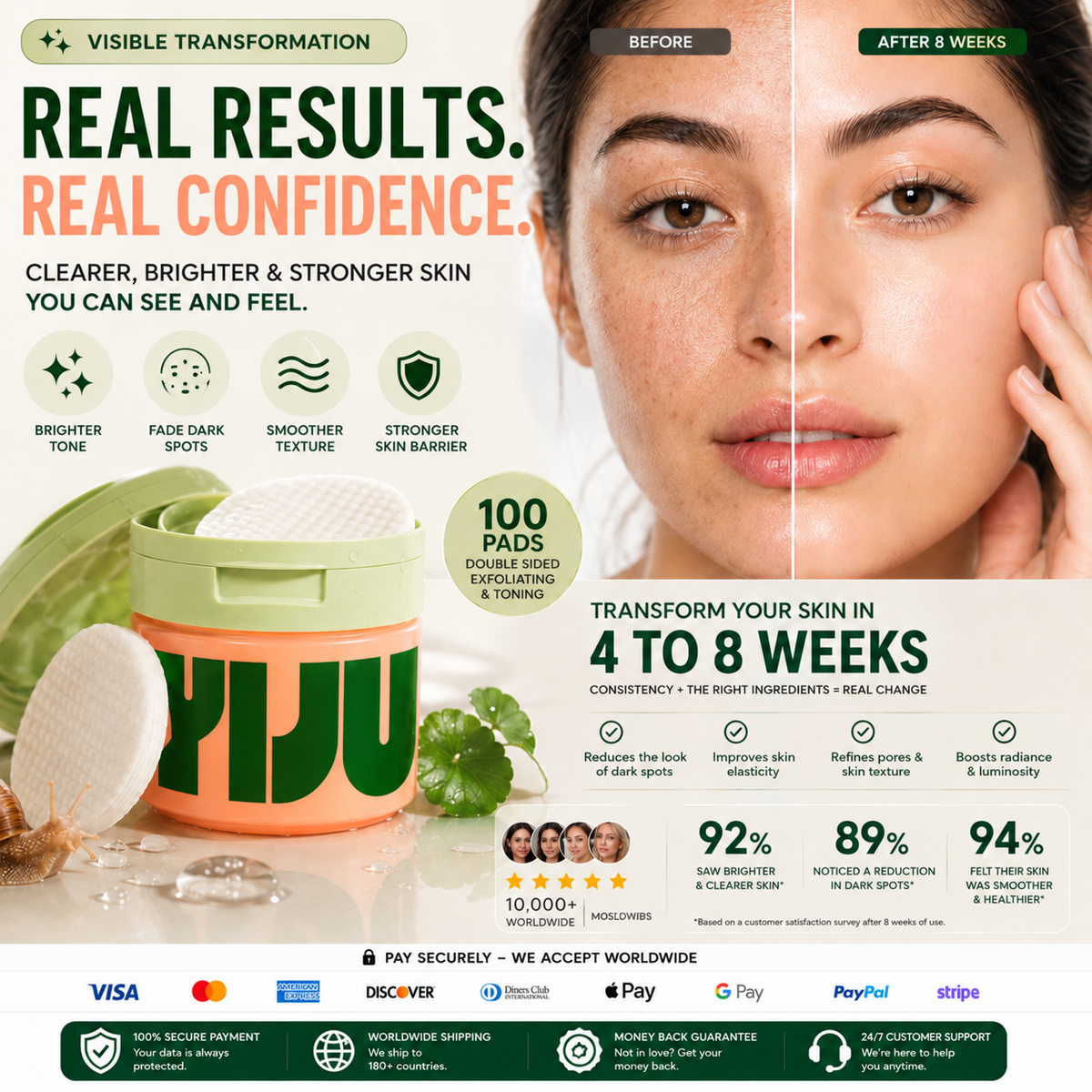 Discos de tónico iluminador coreano CARAMELA BEAUTY USA para manchas oscuras y brillo facial, con textura y esencia visible.